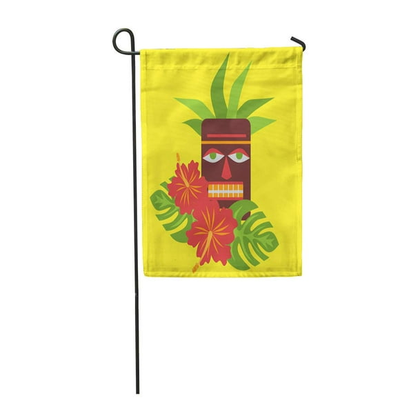 POGLIP Tropical Palm Leaves and Flowers Hibiscus Hawaii Tiki Mask Garden Flag Decorative Flag House Banner 28x40 inch