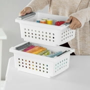 (2 pack) Sterilite Small Stacking Basket, Open Plastic Bin, Space Saving Organizers, White