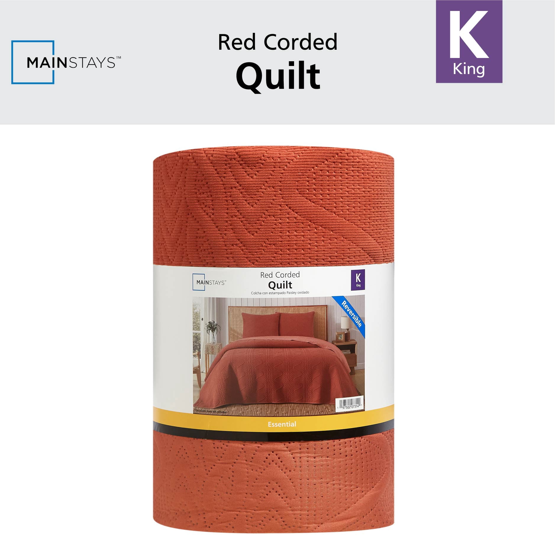 Mainstays Stitched Corded Quilt, Red Canyon, King Bedding