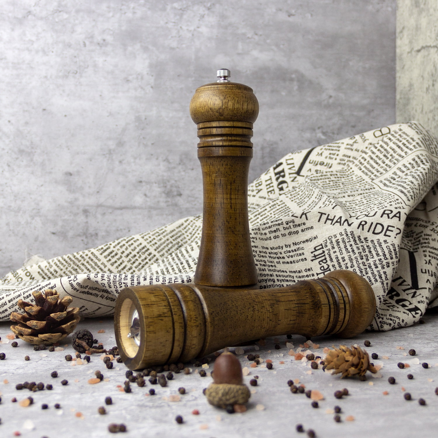 Wood Salt and Pepper Mill, Pepper Grinders, Salt Shakers with Adjustable Ceramic Rotor By KAUKKO （05-8"）