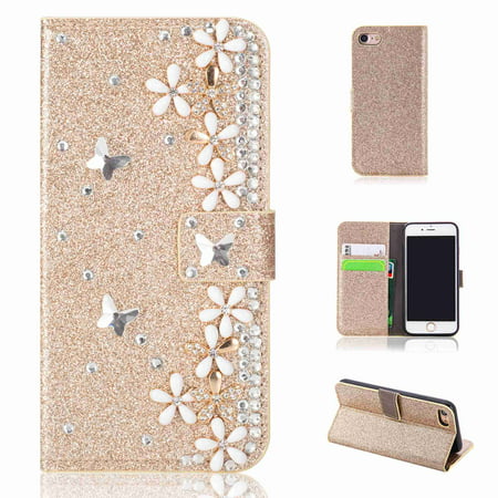 Dteck Shiny Diamond Bling [Credit Card Holder Slot] Protective Pu Leather Wallet Case ,For Apple iPhone