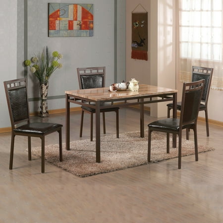 4 Sided Marble (Home Source Infinity Erwin Brown 5-Piece Dining Set with Light Brown Faux Marble Top and 4 Faux Leather Side)