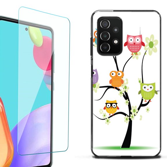 Slim-Fit Flexible TPU Gel Phone Case (black) for Samsung Galaxy A52 5G, with Tempered Glass Screen Protector, by OneToughShield ® - Tree Owl