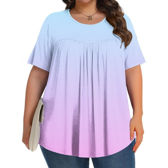 Plus Size Tops for Women, Ruched Blouse with Gradient Print, Short Sleeve Round Neck Shirt, Comfortable Stretch Casual Top