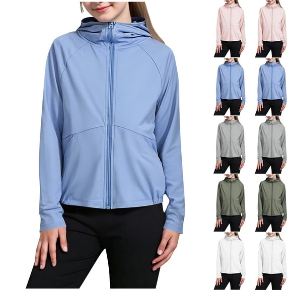 MKOSPLRT Girls UPF 50 Sun Protection UV Jacket Zip Up Hoodie Long Sleeve Hiking Fishing SPF Performance Shirt with Thumbhole and Pocket 4-15Y
