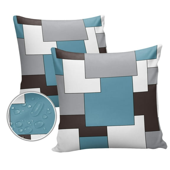 Pack of 2 Outdoor Pillow Covers, Mid Century Absrtact Geometric Blue Brown Gery Waterproof Square Throw Pillowcase Cushion Decorative Pillow Covers for Couch Patio Tent, 24x24 in