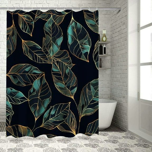 BCIIG Teal Leaves Shower Curtain, Plants Black Shower Curtain Set for Bathroom, Modern Fabric Bath Curtain with Hooks