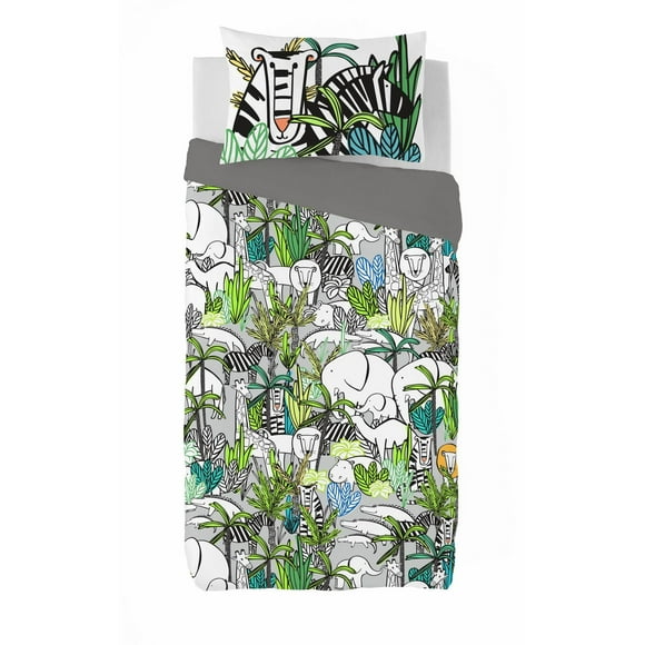 Gouchee Home Elain Twin 2-Piece Duvet Cover Set – Jungle Safari Print, Reversible Grey Cotton Bedding