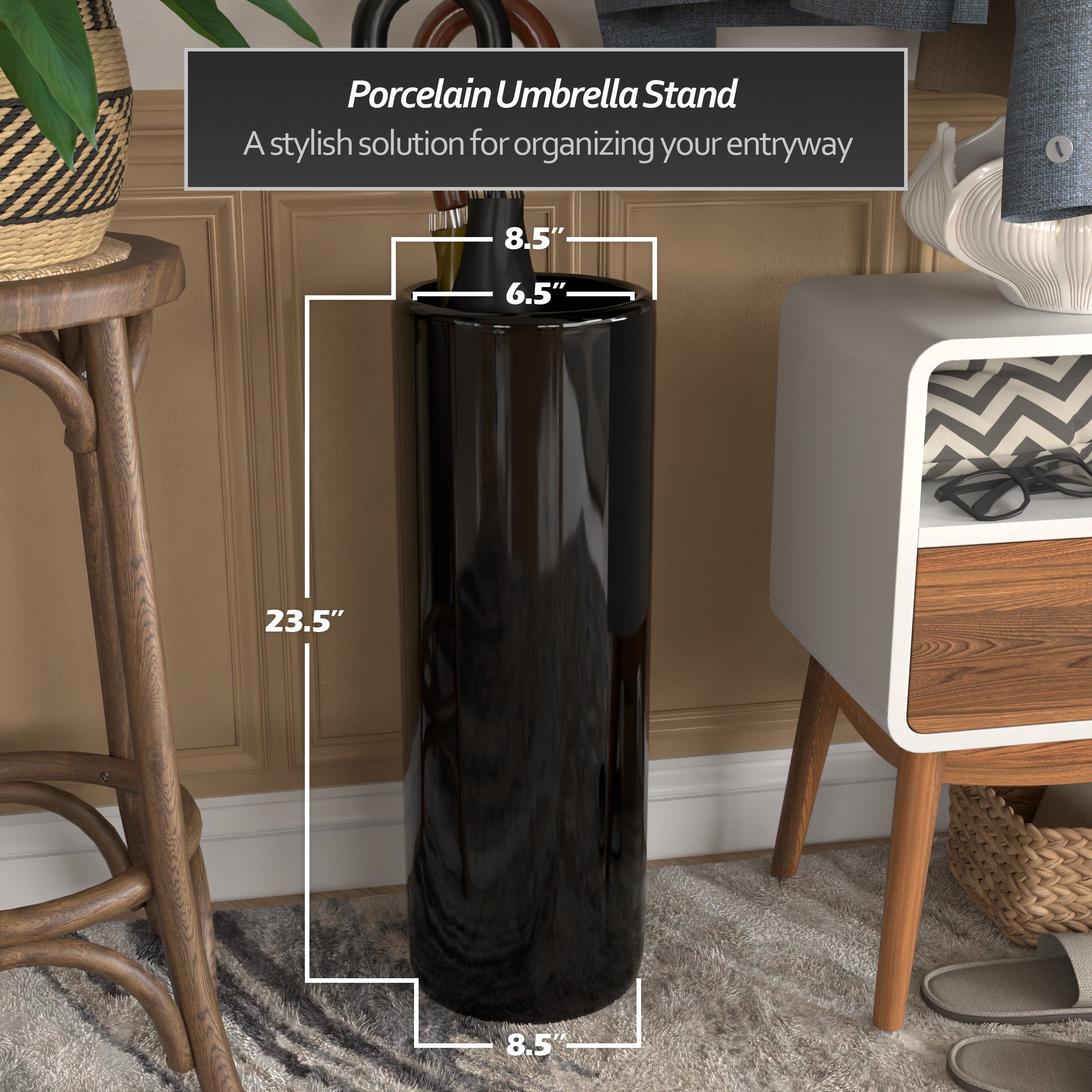 Red Lantern 24" Solid Black Porcelain Umbrella Stand