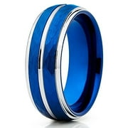 8mm Tungsten Wedding Band Hammered Blue Tungsten Ring Silver Tungsten Carbide Polished Edges Inlay Comfort Fit