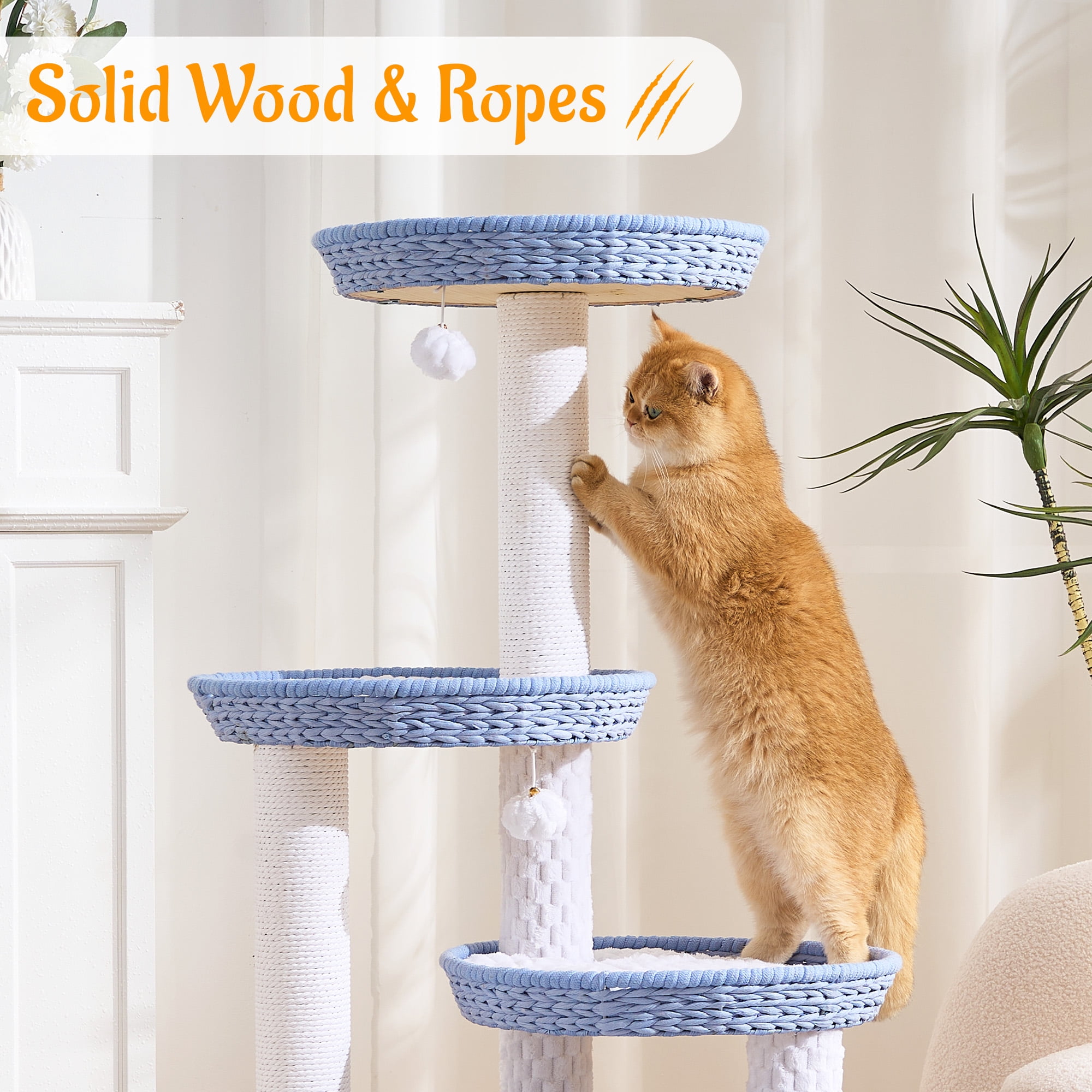 HITTITE Modern Cat Tree Tower with Scratching Post, 46 Inches Tall Cat Towers with Woven Cat Nests and Cave, Removable Cushions and Massage Brush for Indoor Cats Large Adult.