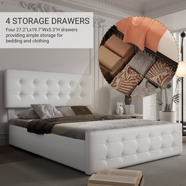 Full Size Platform Bed Frame with 4 Storage Drawers & Headboard,Faux Leather or Linen, Button Tufted Platform, Strong Wooden Slats,No Box Spring Needed