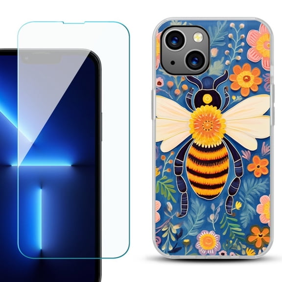 Slim-Fit TPU Phone Case for iPhone 14, with Tempered Glass Screen Protector, by OneToughShield ® - Bee Flower