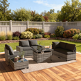 thumbnail image 7 of LazySunsets 7 Piece Outdoor Patio Wicker Conversation Set, Gray Rattan Sofa with Black Cushions, Coffee Table & Fire Pit Table, 7 of 7