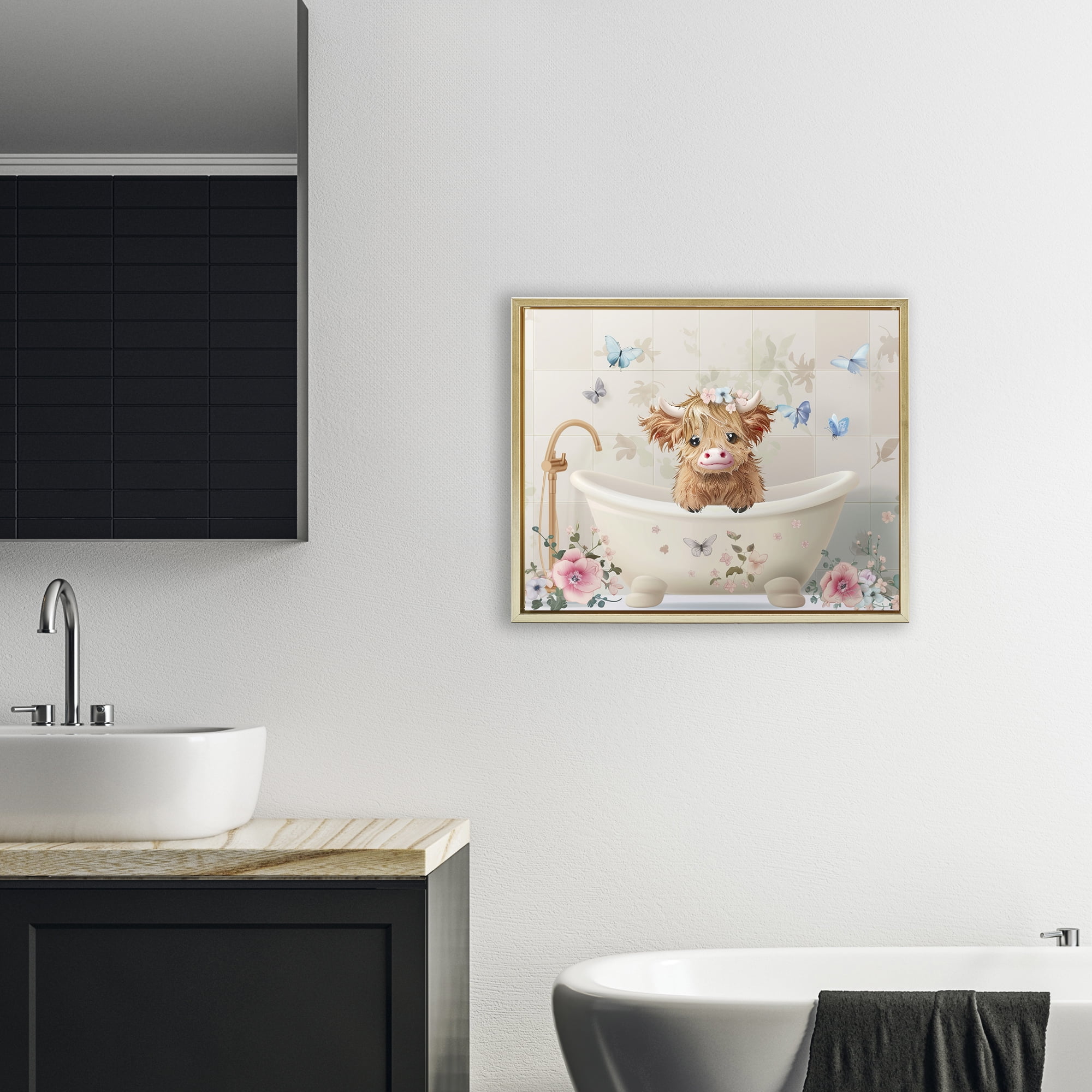 Baby Cattle in Floral Tub Gold Framed Floater Canvas Wall Art, design by Shawna Stewart