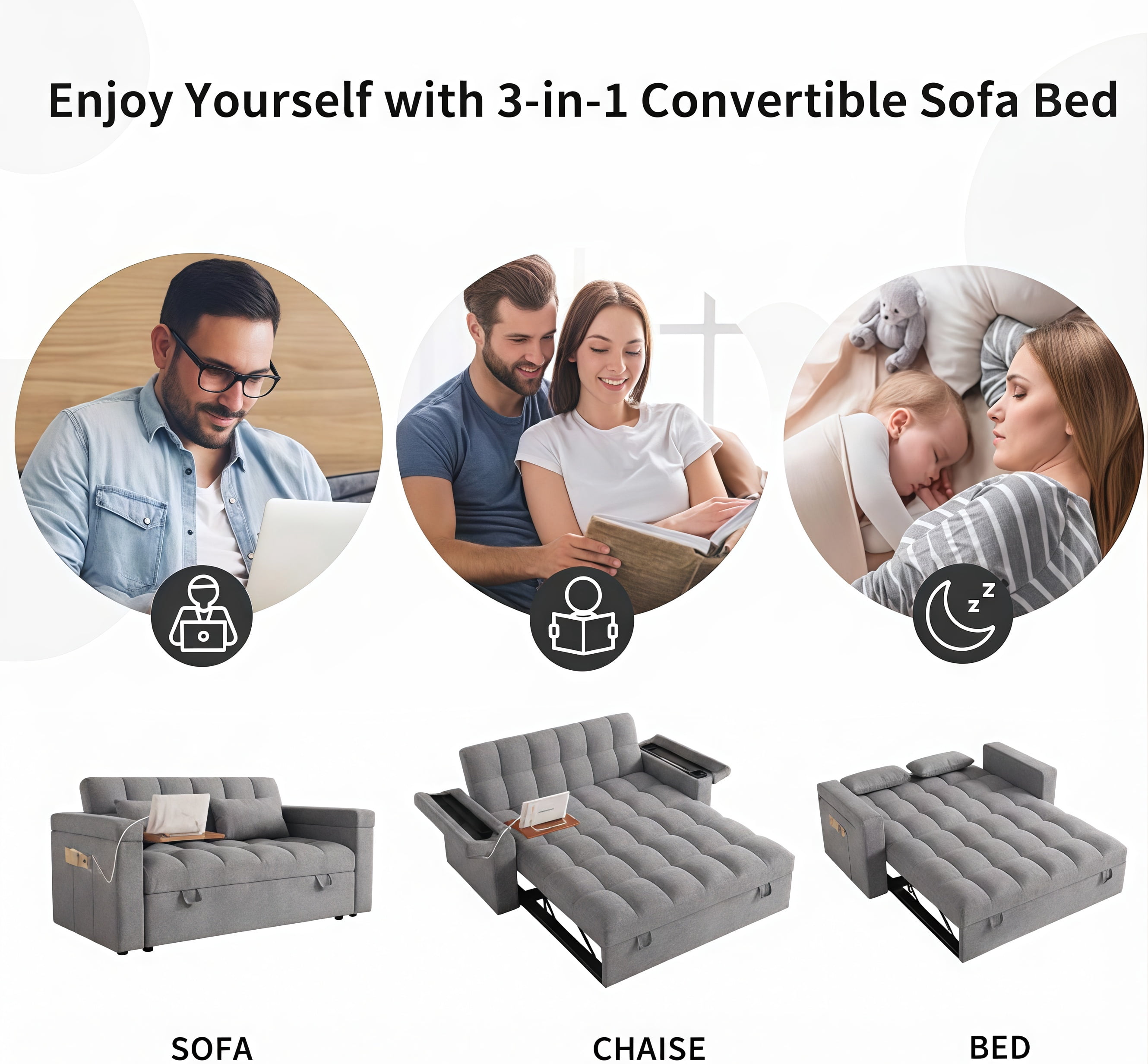ShiKeyi 65" 3-in-1 Convertible Sofa Bed, Pull Out Loveseat with Chenille Fabric/Hidden storage space/Cup holder, Sleeper Sofa Bed for Living Room, Gray