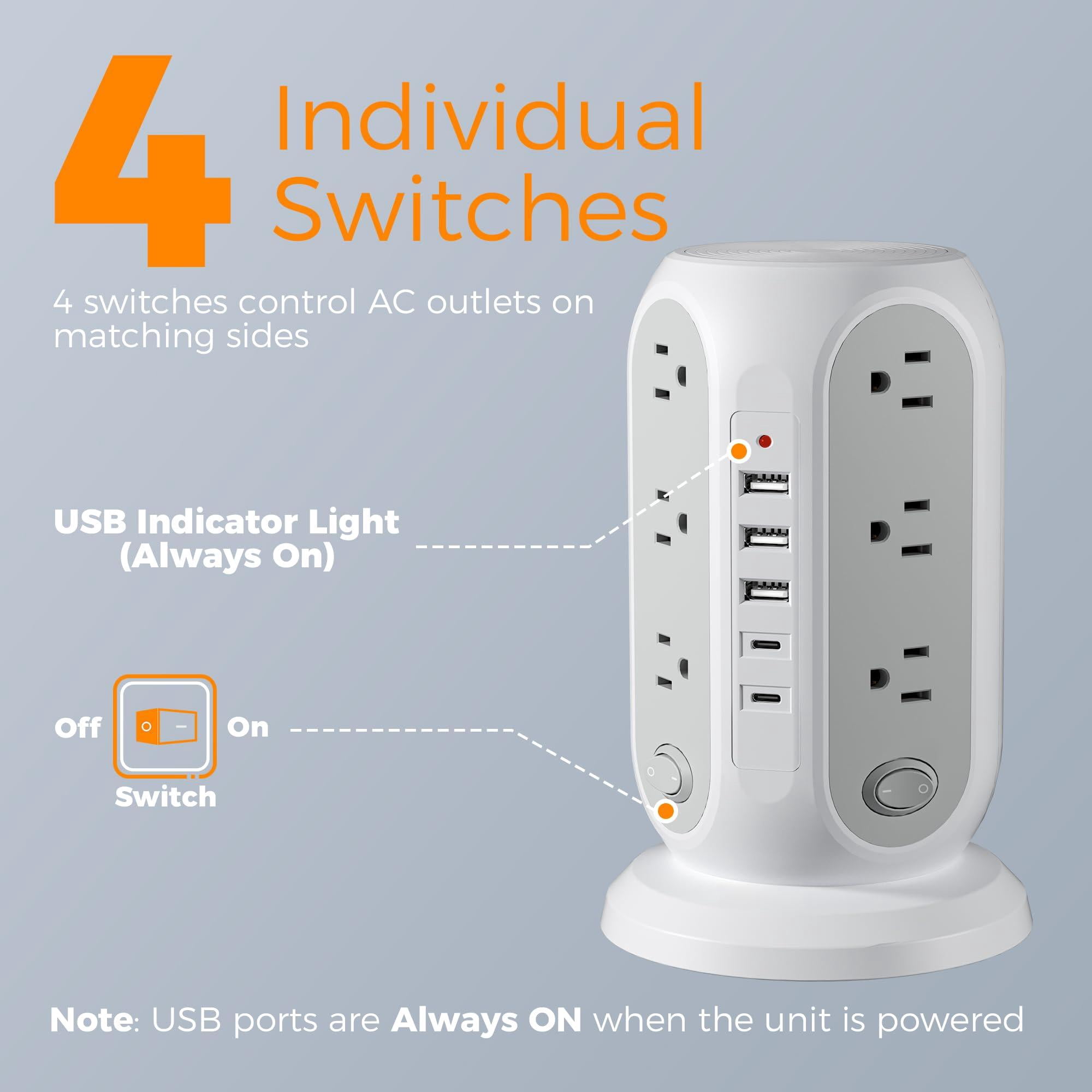 Tower Power Strip With Individual Switches  Surge Protector 12 Outlets 5 Usb Ports(2 C) Flat Extension Cord 10 Ft 1250w Charging Station For Multiple Devices Office Dorm Grey