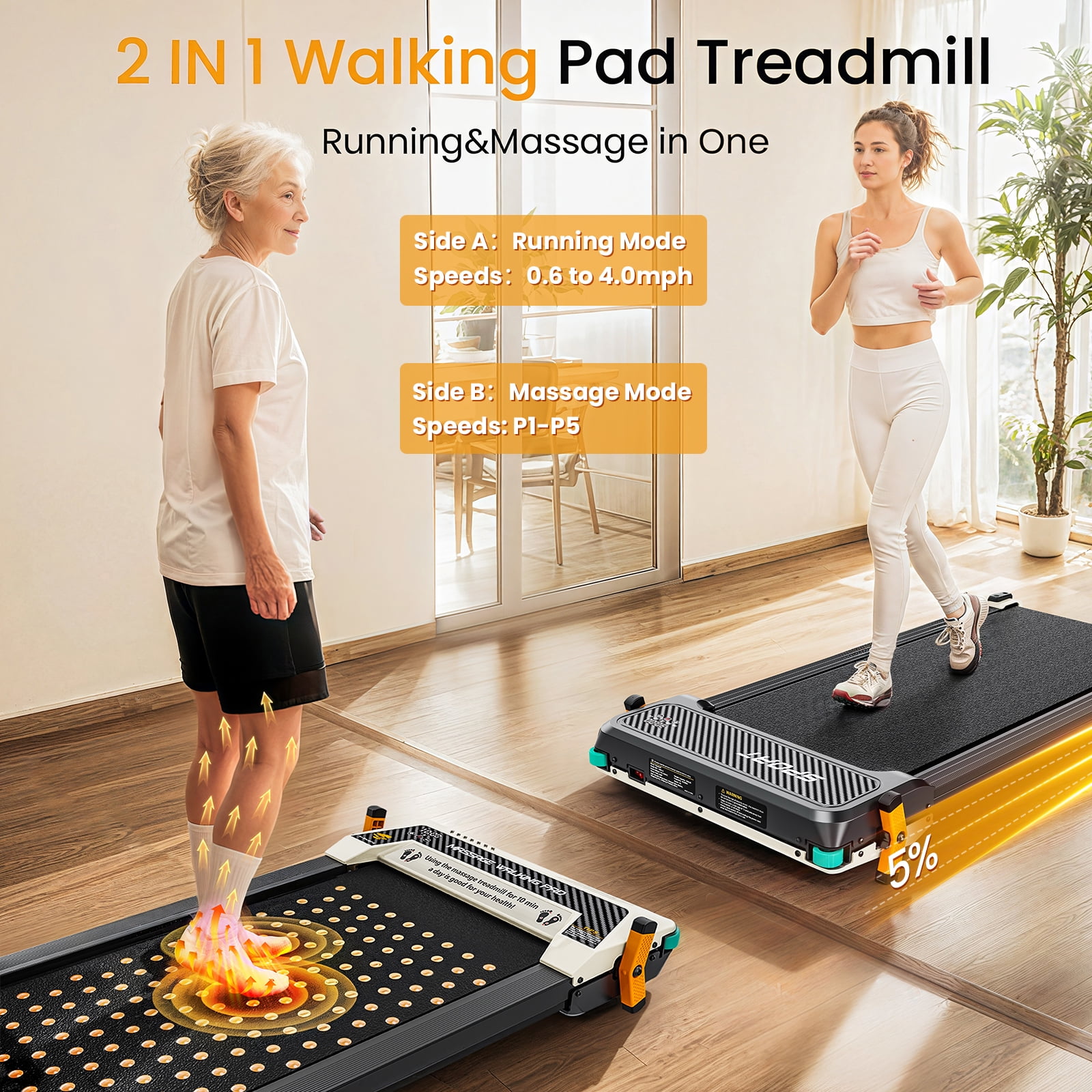 Akluer 2-in-1 Walking Pad Treadmill with Incline & Foot Massage, 2.5HP Quiet Motor, Adjustable Speed 0.6–4.0 MPH, LED Display, 330 lb Capacity