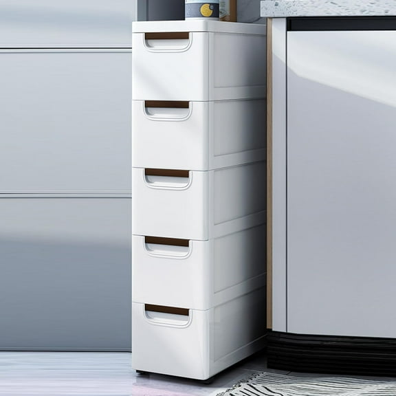 5 Drawers Narrow Slim Plastic Storage Cabinet,Storage Drawer with 4 Wheels,5 Tier Drawers Dresser,White