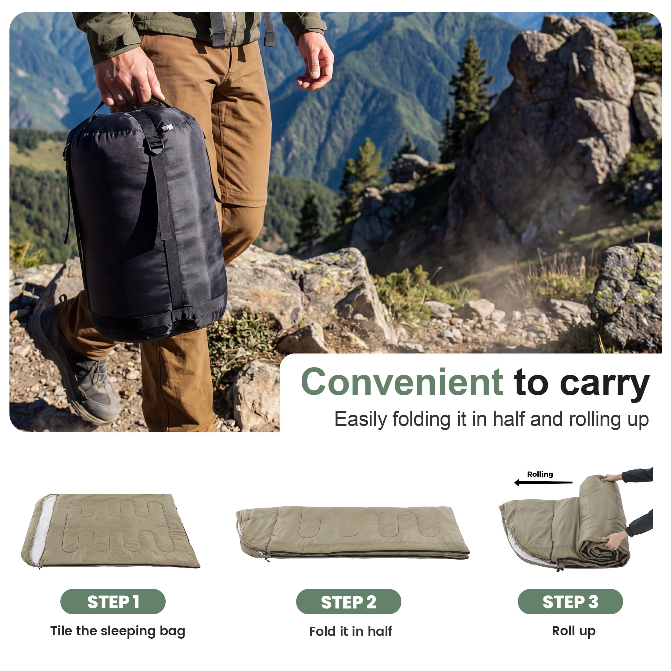 CONCETTA Lightweight Double Sleeping Bag for Adults in Cold & Warm Weaher, Waterproof & Machine Washable for Camping/Backpacking/Hiking, Military Green