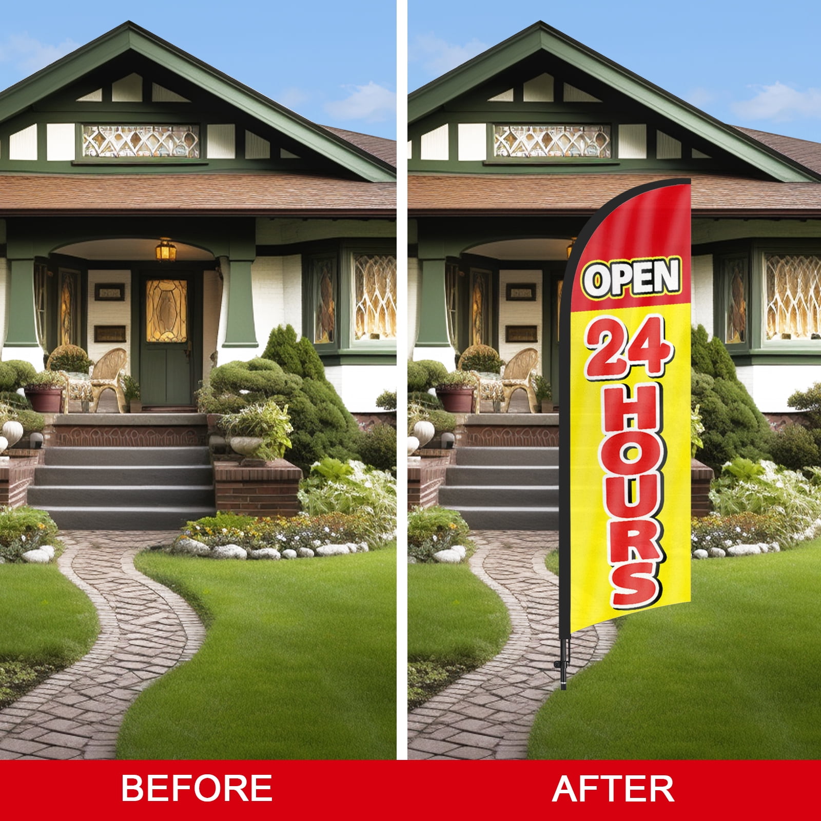 QSUM Open 24 Hours Feather Flag with Flag Pole Kit and Ground Spike, 8.2FT Open 24 Hours Windless Flag Banner Sign Business for Outdoor Advertising Sign Decoration Display