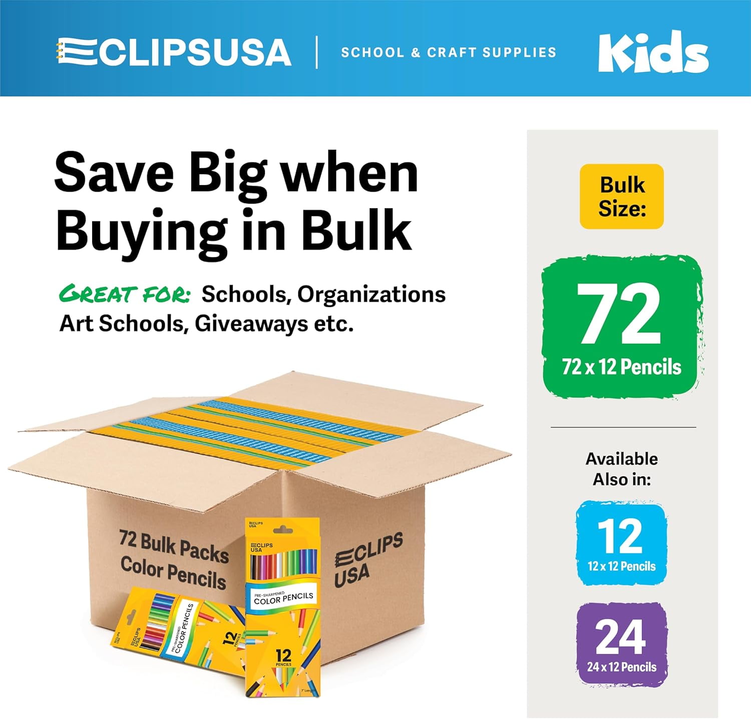 E-Clips USA Pre-Sharpened Colored Pencils, Bulk Color Pencil Set, 12-pc 72-pack