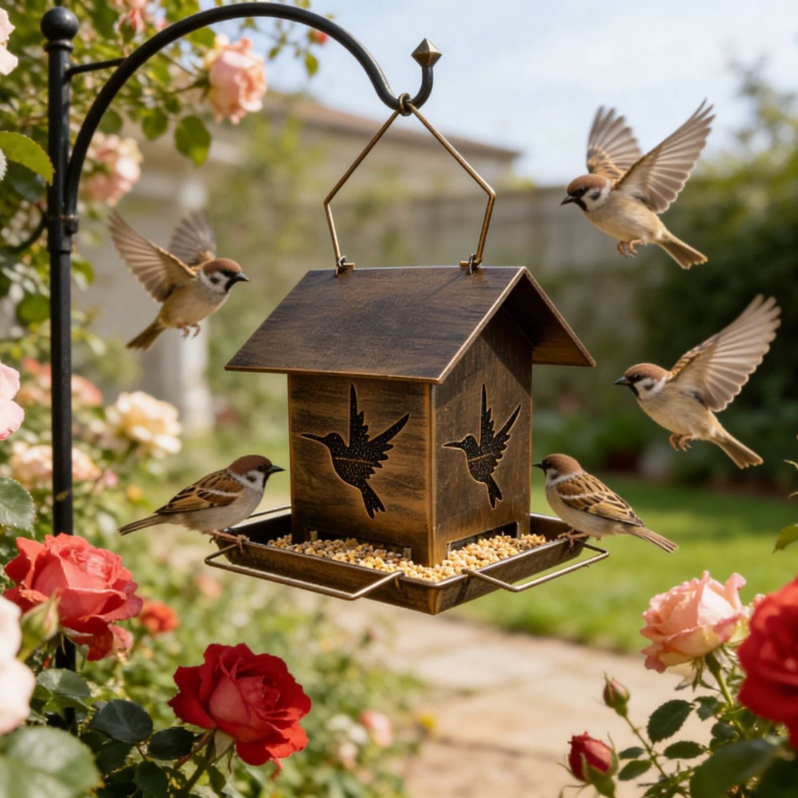 Outdoor Balcony Iron Art Hanging Bird Feeder, Rustic House - Shaped Design with Bird Motif, Easy - to - Hang Feeding Station for Wild Birds, Cardinals, Sparrows, Blue Jays, Finch, Backyard, Patio, Ga