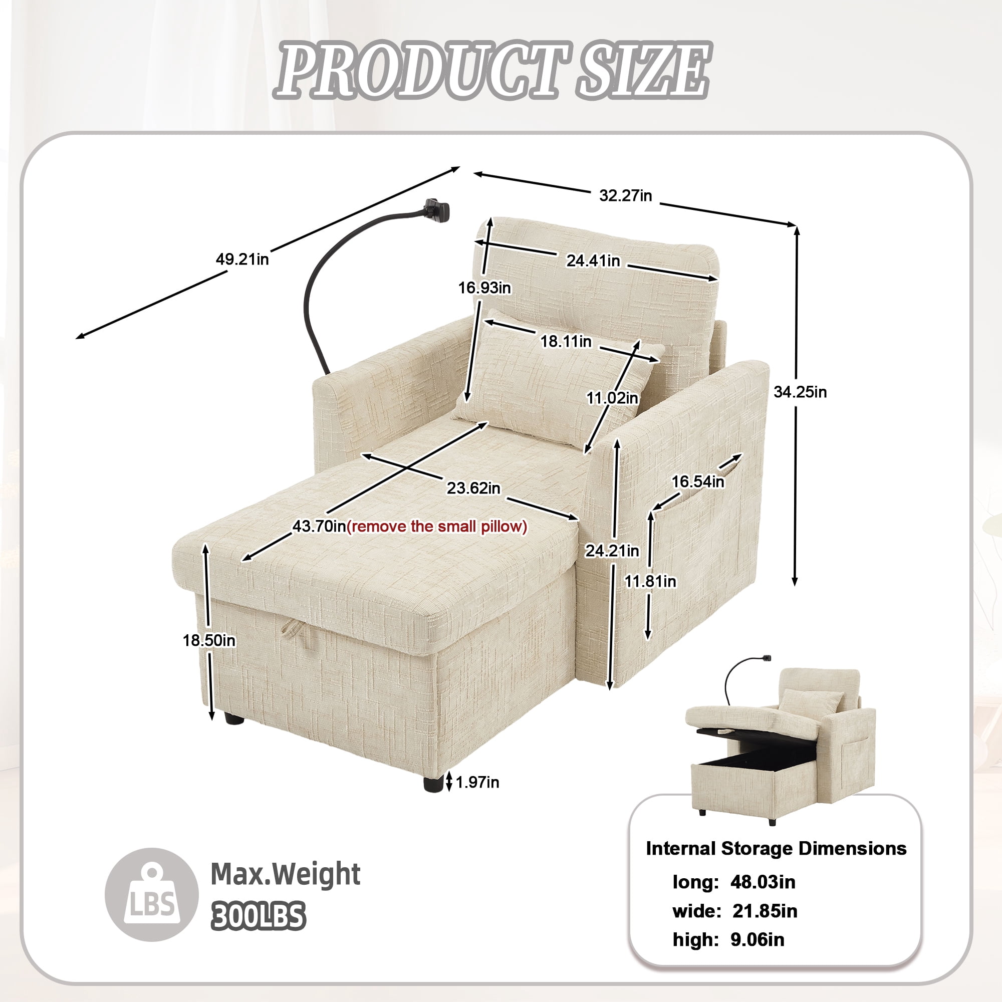 EPOWP Multifunctional lazy person sofa recliner can be stored storage backrest with cell phone bracket chenille single leisure chair for living room bedroom small household