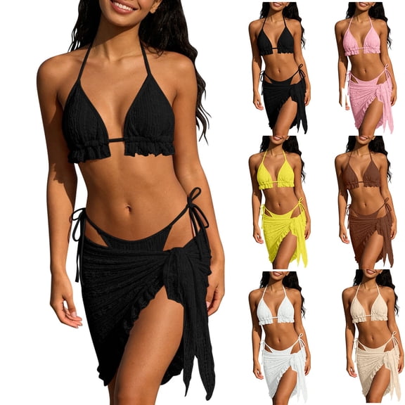 Women's Solid Color Three Piece Bikini Swimsuit Set Tie Side Top with Modesty Cover Up Skirt for Beach Yellow XL(XL)