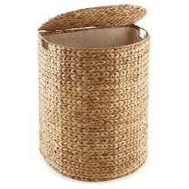 Half Moon Laundry Hamper with Lid and Removable Liner Bag - Natural, Woven Water Hyacinth Laundry Basket for Clothes and Towels