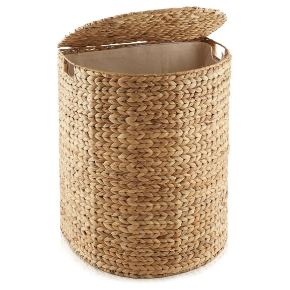 Half Moon Laundry Hamper with Lid and Removable Liner Bag - Natural, Woven Water Hyacinth Laundry Basket for Clothes and Towels
