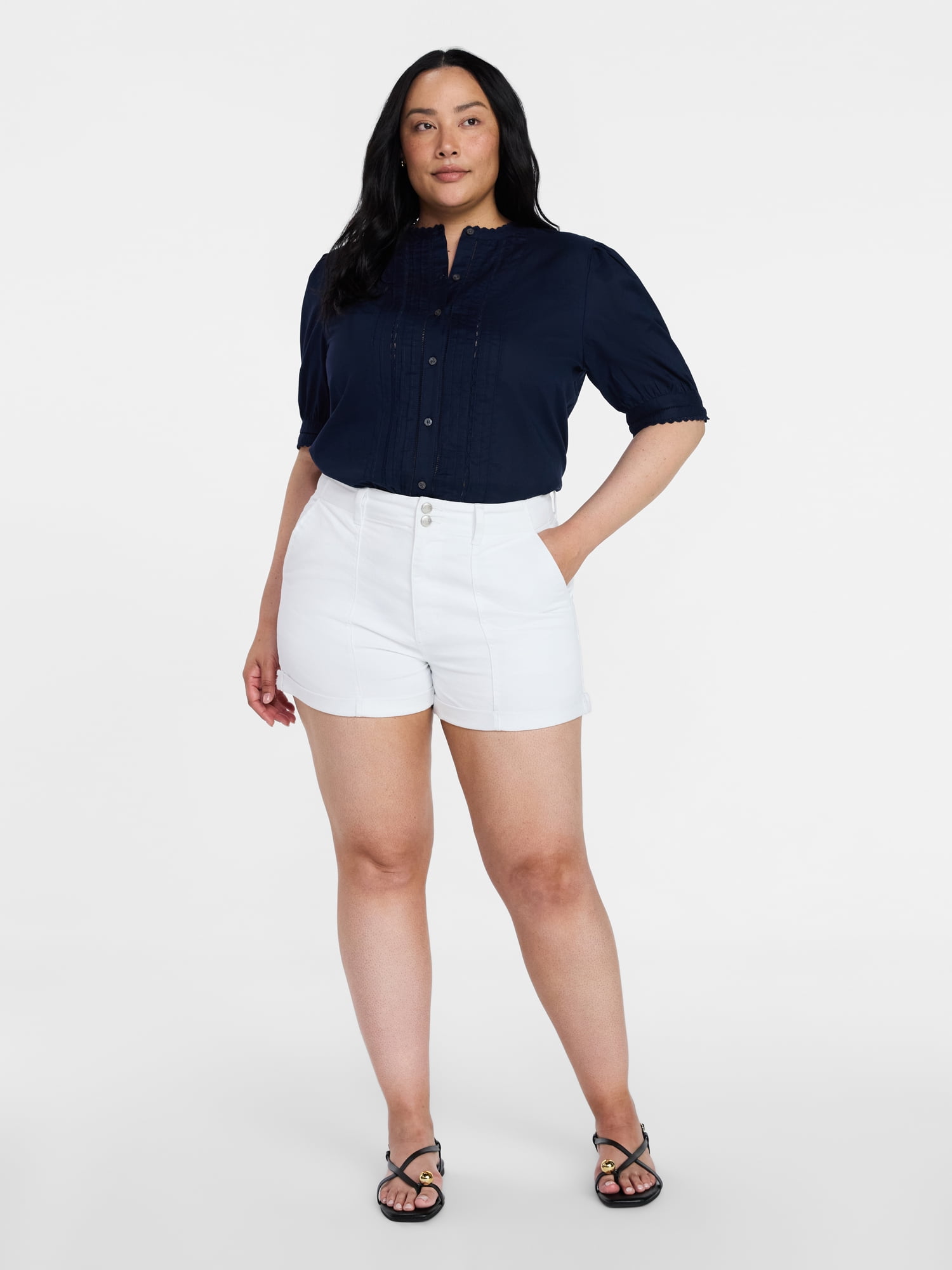 Time and Tru Women's and Women's Plus Lace Inset Button Front Cotton Shirt with Short Sleeves, Sizes XS-4X
