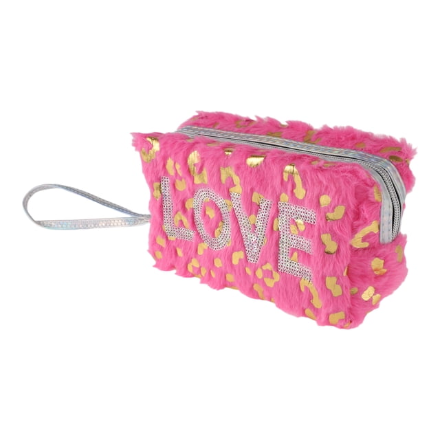 1 Pc Bolsa de Maquillaje LOVE de Lentejuelas de Leopardo para Mujeres para Viajes, Vacaciones, Camping, Rosa Rojo de Piel