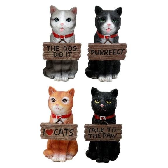 Colorful Feisty Cats Figurine Set 4"H Decorative Feline Cats And Kittens Wearing Tag Signs Collectible Crazy For Cats Fans Sculptures