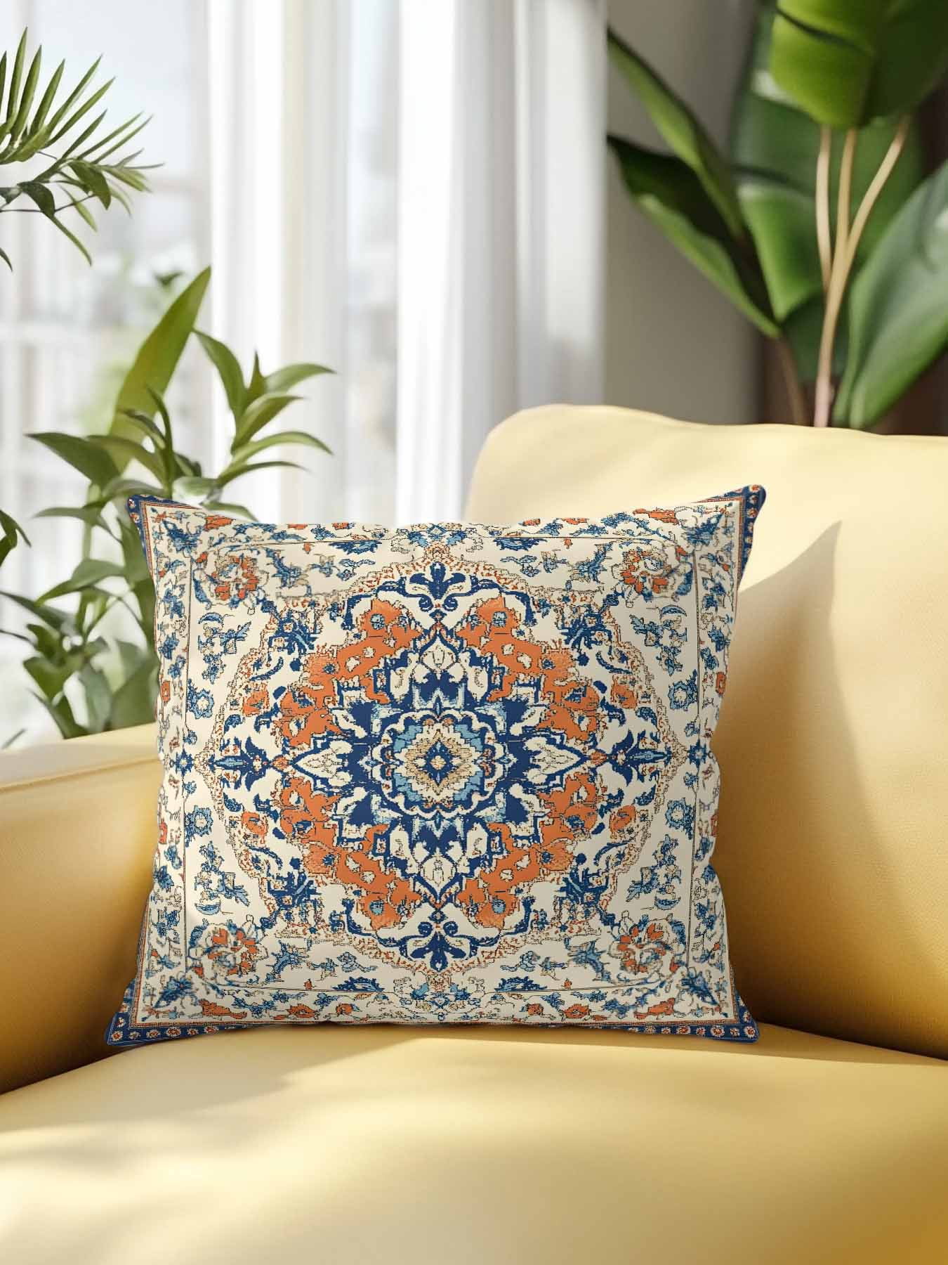 Outdoor Pillows Waterproof, Orange Blue Ethnic Rustic Bedding Throw Pillows with Insert for Couch Sofa Bed, Boho Southwestern Heritage 16x16 Inch Pillowcases Decorative Camping Patio Pillow Set of 1