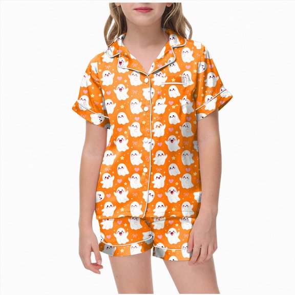 NIEWTR Girl Kids Pajamas Sets Halloween Pattern Printed With Notched Collar Short Sleeve Tops and Shorts For Home Wear Cozy For Lightweight and Breathable Comfort Sleepwear