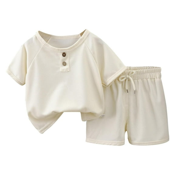 Dealovy Infant Baby Clothes Summer Unisex Crewneck T-Shirt with Drawstring Shorts Kids Casual Solid Color 2PCS Clothing Set