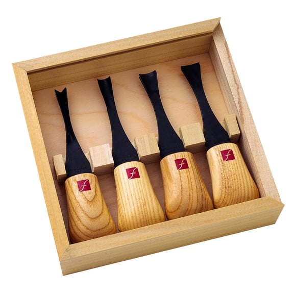 Herramientas de tallado Flexcut, gubias de palma de gran formato, mangos de madera de fresno y cuchillas de acero al carbono, juego de 4 (FR404)