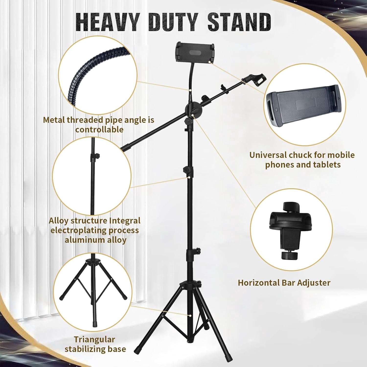 DQQKMM Tripod Mic Stand, 2-in-1 Adjustable Floor Stand with Boom Arm, Phone & Mic Holder with Storage Bag for Singing Studio Stage