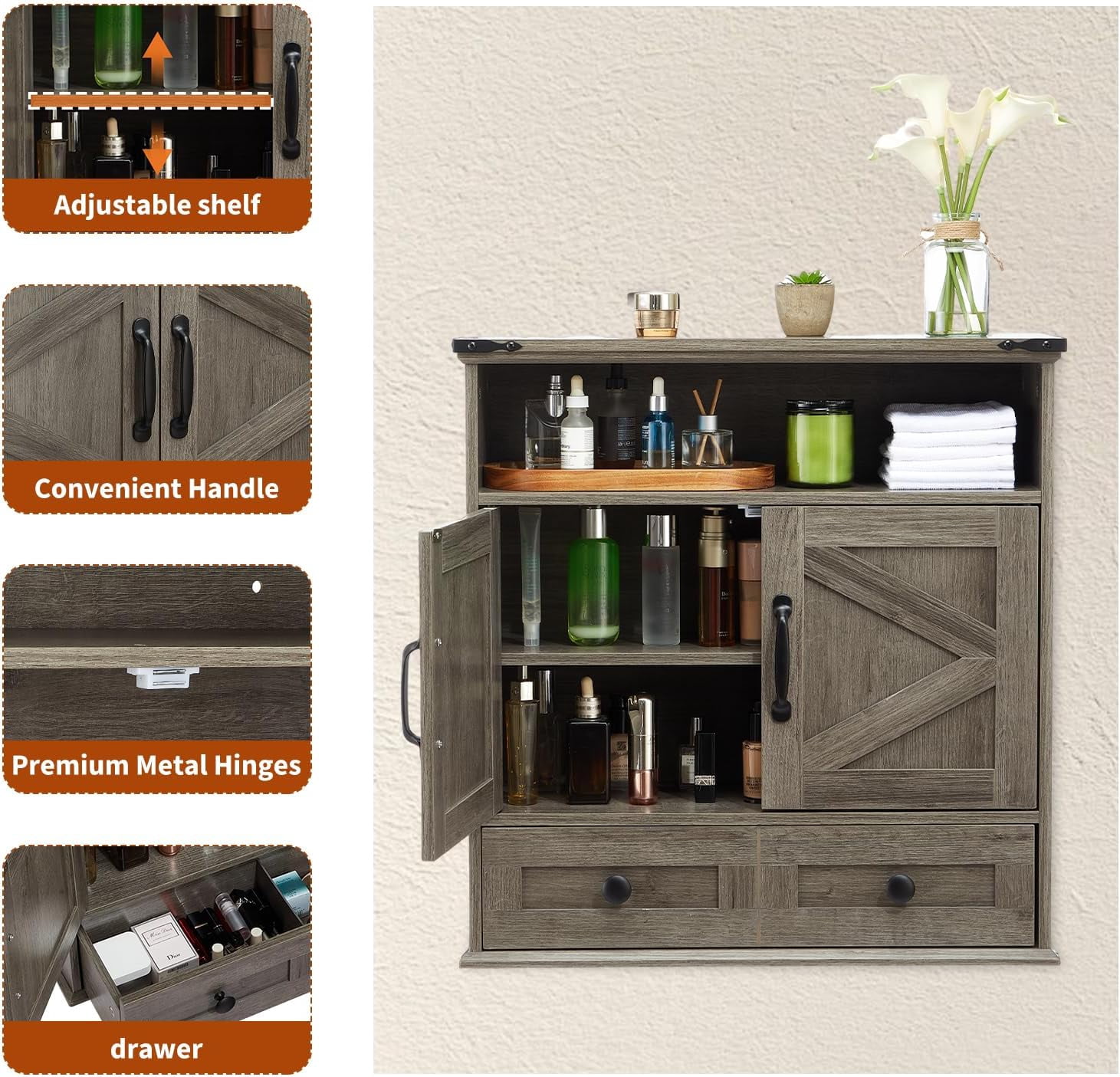 25" Wide Wall-Mounted Bathroom Cabinet with Barn Doors, Over-Toilet Storage with Adjustable Shelf & Drawer, Hanging Cabinet for Bathroom, Kitchen, Laundry, or Entryway
