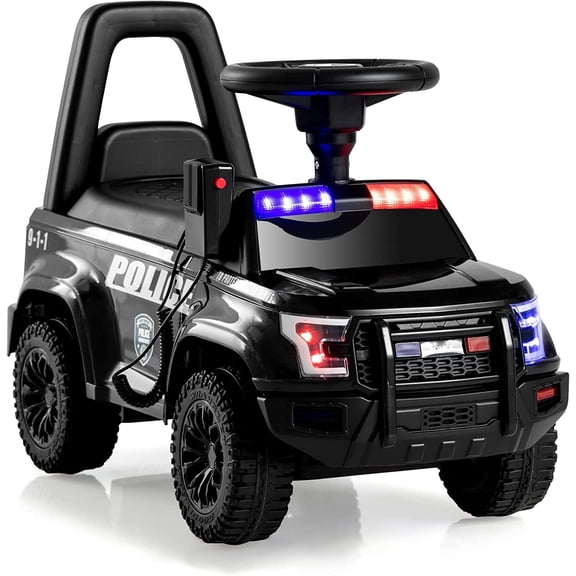 OLAKIDS Ride On Push Police Car, Toddler Foot-to-Floor Sliding Toy with Siren, Steering Wheel, Megaphone, Horn, Headlights, Under Seat Storage, Kids Racer Walking Gift for Boys Girls 3 (Black)