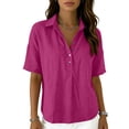 thumbnail image 5 of Cotton Linen Tops for Women Short Sleeve Collared Blouses Shirt Loose Fit 1/2 Button Summer Vacation Travel Daily Wear, M, 5 of 7