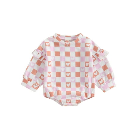 

Bslissey Infant Baby Girls Valentine’s Day Sweet Romper Heart Plaid Print Ruffle Long Sleeve Loose Jumpsuit 3M 6M 12M 18M Newborn Spring Fall Casual Clothes Bodysuit