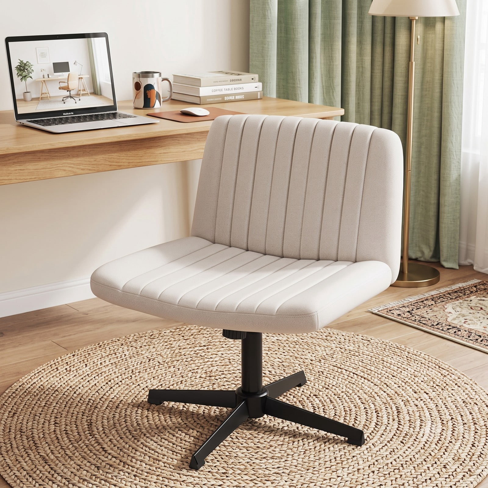 Furnibear Criss Cross Swivel Desk Chair No Wheels, Wide Armless Home Office Task Chair with Linen Upholstery, Height Adjustable Rocking Cross-Legged Accent, Beige