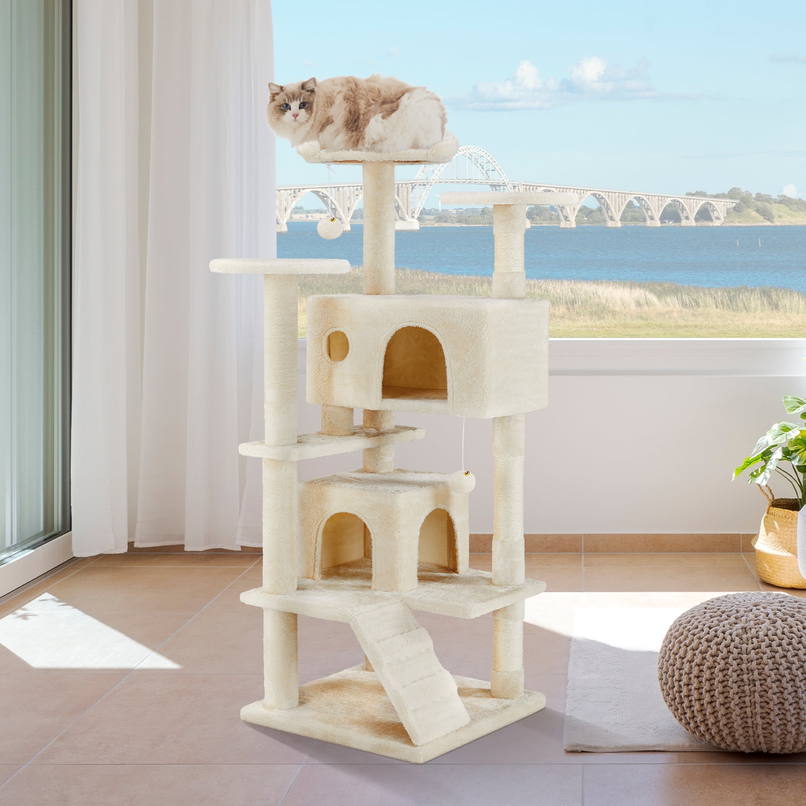 JIOABL Multi-Level Cat Tree Tower - 54-Inch Cat Tower with Large Condo, Climbing Ladder, Plush Toy, and More Cat Stuff, Beige