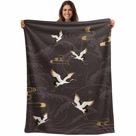 Japanese Style Blanket Soft Cozy Warm Twin Blanket for Bed, Plush Fuzzy Flannel Fleece Blankets for Sofa, Vintage Cranes Ocean Wave Black Grey Throw Blankets for Couch, Gifts for Men, 60"x80"