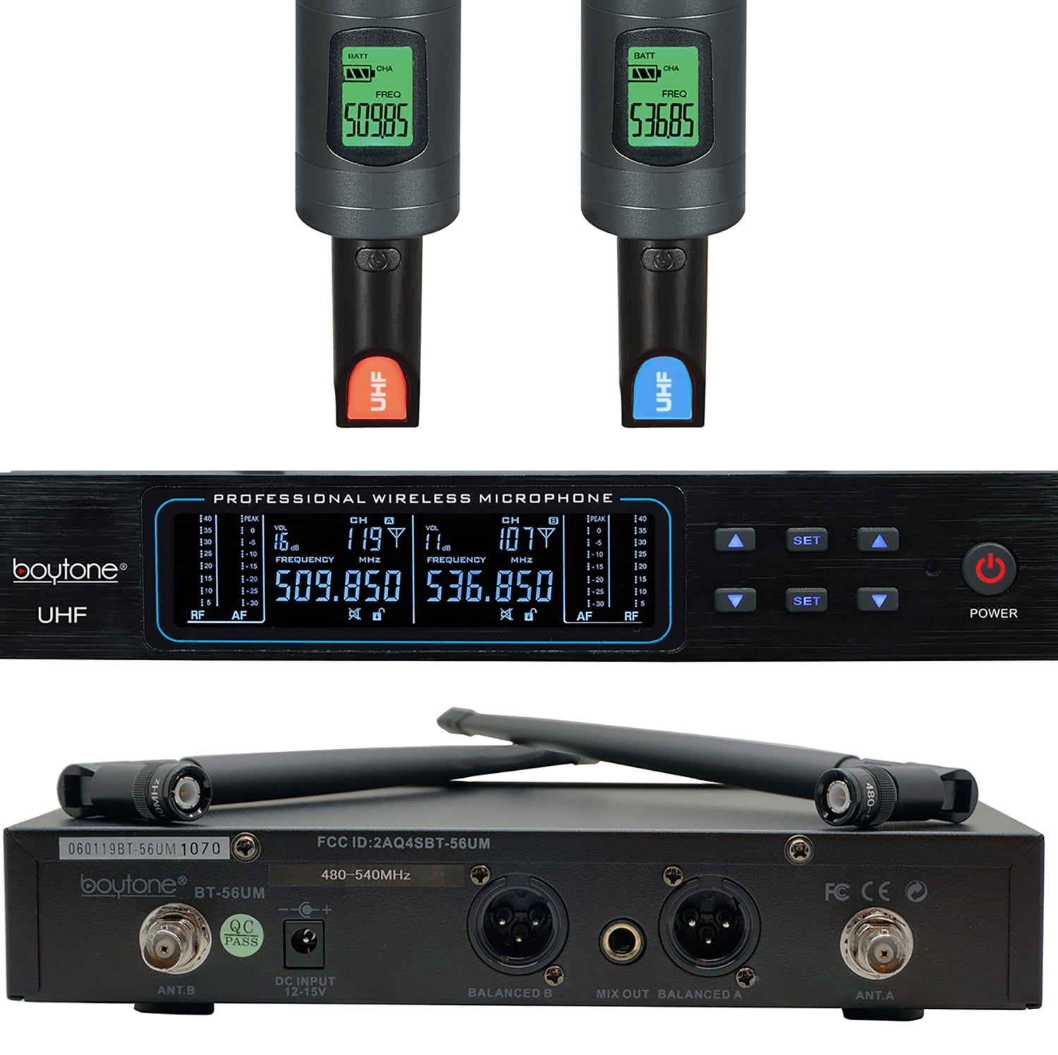 Boytone BT-56UM 120-Channel Dynamic Dual UHF Wireless Microphone System, Metal Cordless Mic and Base Set, Long Distance 200-240 Ft, 16 Hours Continuous Use for Concert, Studio, Party, Church, Karaoke