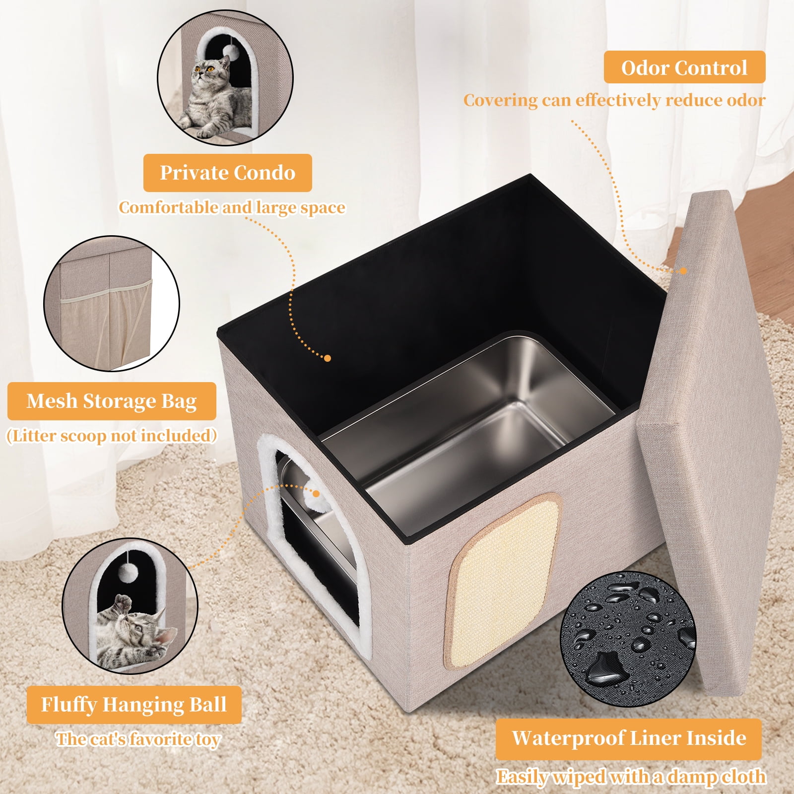 Cat Litter Box Enclosure Furniture, Foldable Hidden Litter Box with Mesh Storage Bag, Litter Box Furniture with Waterproof Inside, Easy Clean