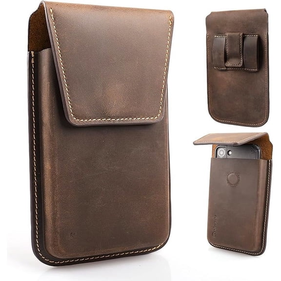 Leather Cell Phone Holster with Belt Clip, Flip Case for iPhone 14 13 Pro Max, Holder S22 Plus, Universal Pouch Large Phone,Darkbrown