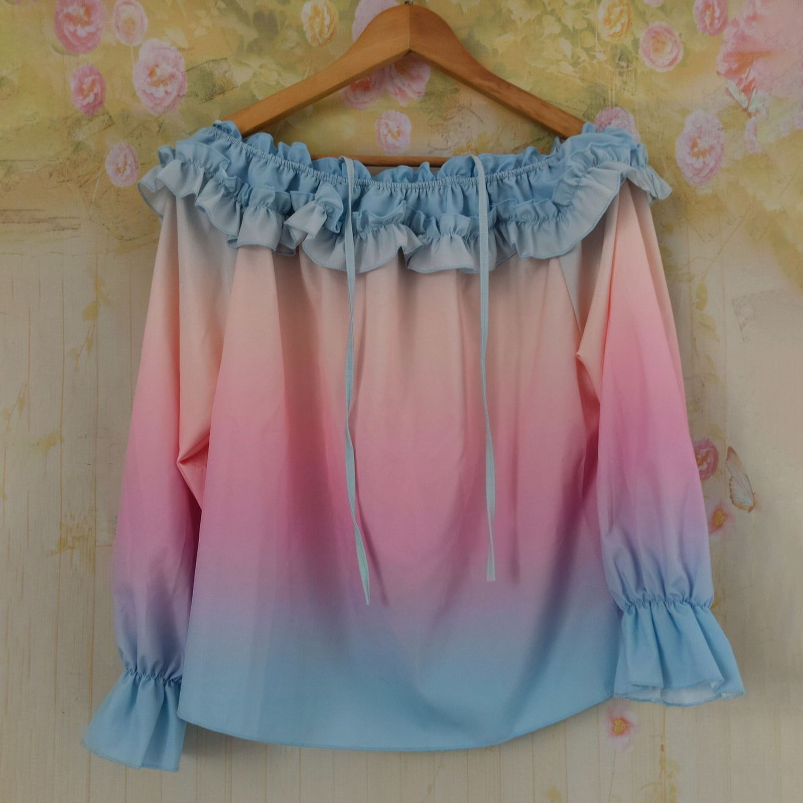 ylioge S-5X Plus Size Shirts for Women Off the Shoulder Long Sleeve Blouses Tops Womens Trendy Gradient Printed Ruffled Pullover Hawaiian Beach Top